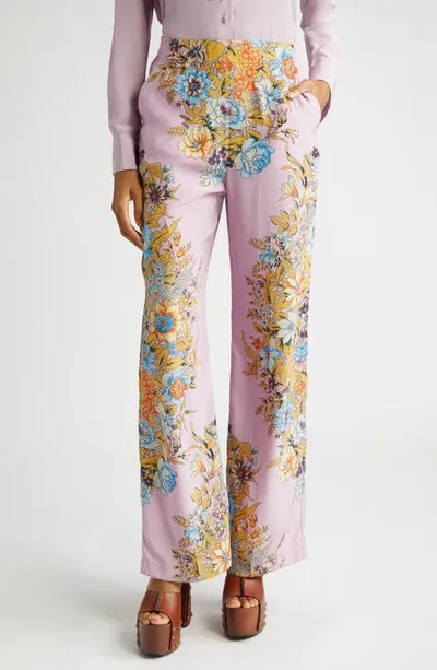 Etro Floral High-rise Silk Wide-leg Pants In Pink