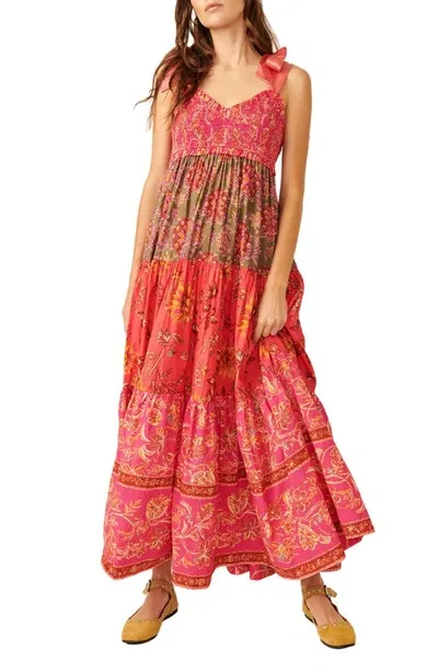 Free People Bluebell Mixed Print Cotton Maxi Dress In Magenta Combo