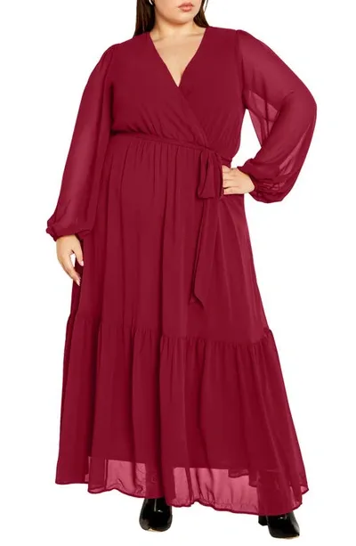 City Chic Charlie Long Sleeve Faux Wrap Maxi Dress In Red