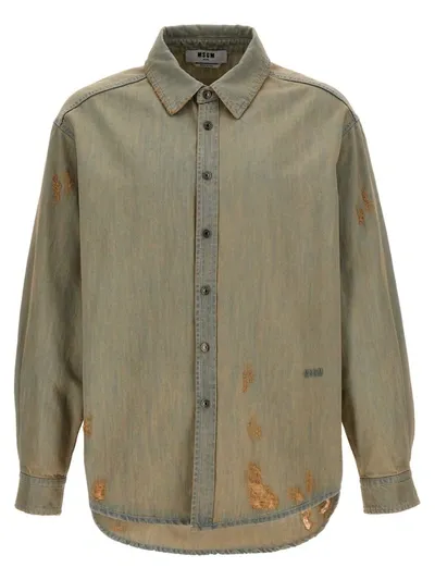 Msgm Stone Wash Denim Shirt In Beis