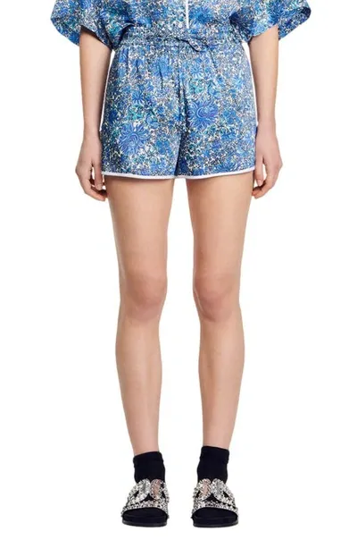 Sandro Floral-print Satin-finish Shorts In Blue White