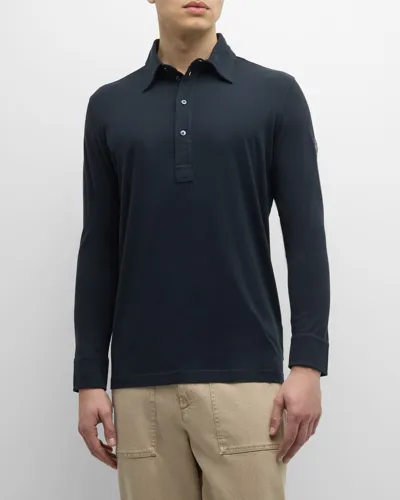 Moncler Men's Cashmere Long-sleeve Polo Shirt In Dark Navy Blue