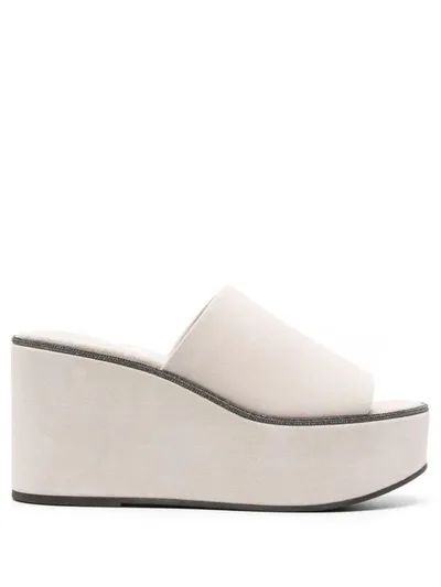 Brunello Cucinelli Suede Slide Wedge Platform Sandals In White