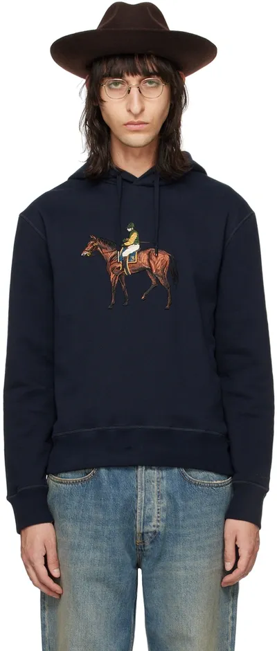 Ralph Lauren Purple Label Standing Horse Fleece Hoodie In Classic Chairman Navy