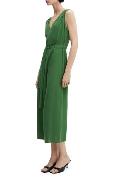 Mango Belt Linen Jumpsuit Green