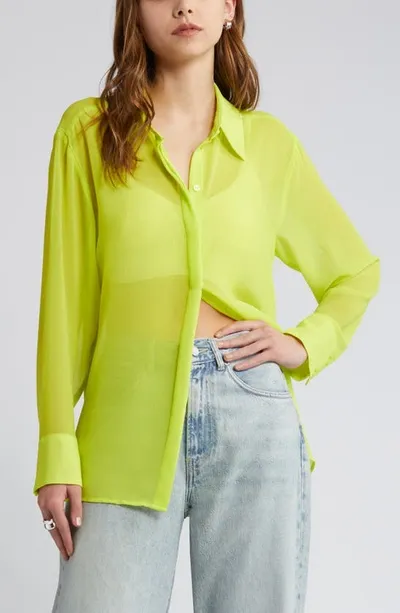 Open Edit Oversize Semisheer Button-up Shirt In Green Primrose