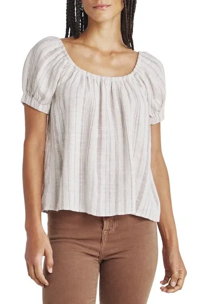 Splendid Farrah Linen Stripe Puff-sleeve Top In Fawn Yarn