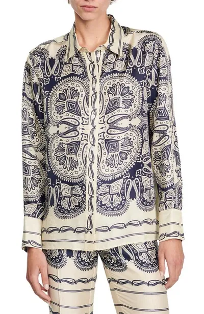 Sandro Paisley-print Silk Shirt In Beige Navy