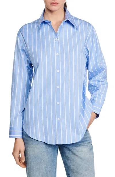 Sandro Davie Stripe Lace Accent Open Back Cotton Button-up Shirt In Blu White