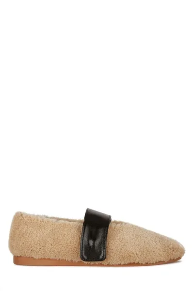 Low Classic Shearling Strapped Ballerina Flat Shoes In Beige O Tan