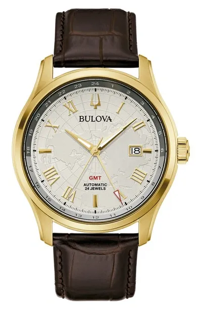 Bulova Men's Automatic Wilton Gmt Brown Leather Strap Watch 43mm In Brown / Gold Tone / Silver