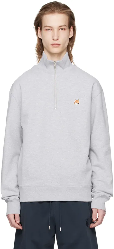 Maison Kitsuné Fox Head Logo Sweatshirt With Half-zipper In Light_grey_melange