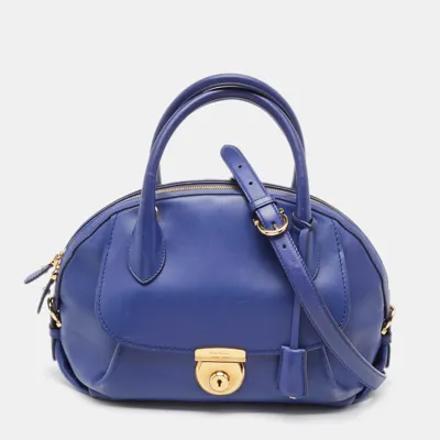 Pre-owned Ferragamo Navy Blue Leather Fiamma Satchel