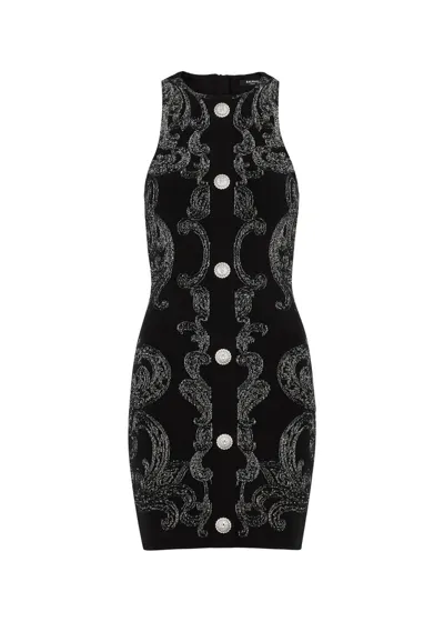 Balmain Metallic Paisley Jersey Halterneck Mini Dress In Black