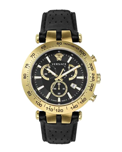 Versace Men's Swiss Chronograph Bold Black Perforated Leather Strap Watch 46mm In Ip Yellow Gold