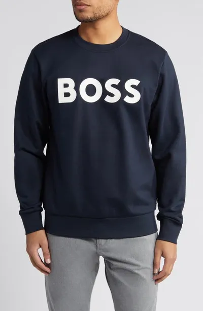 Hugo Boss Logo-print Crew-neck Sweatshirt In Navy