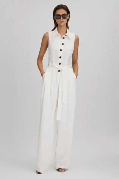 Reiss White Petite Belted Wide Leg Jumpsuit