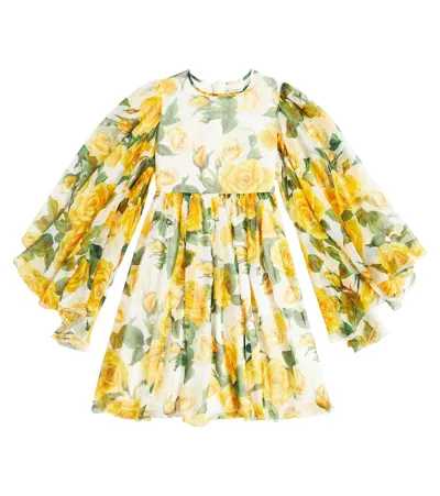 Dolce & Gabbana Kids' Floral Silk Chiffon Dress In Rose Gialle Fdo Bco