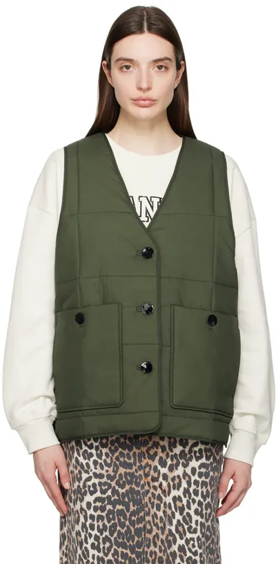 Ganni Green Quilt Vest In Dark Green