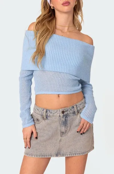 Edikted Lili Foldover Off The Shoulder Crop Sweater In Light-blue