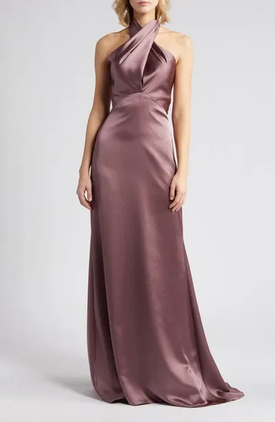 Amsale Halter Neck Satin Gown In Mauve