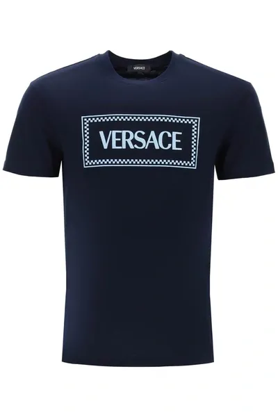 Versace T-shirt Con Logo Ricamato Men In Blue