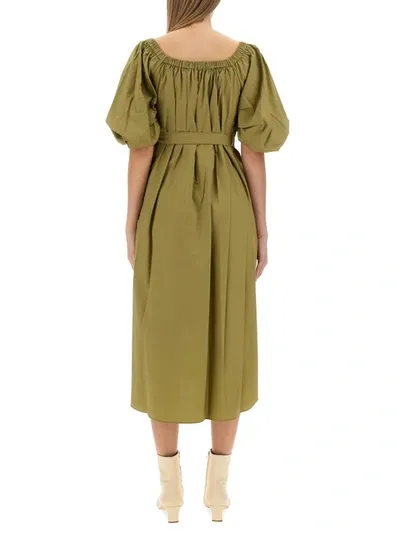 Staud Reese Off-the-shoulder Belted Gathered Cotton-blend Poplin Midi Dress In Brown