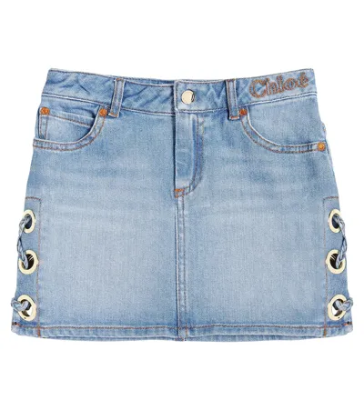 Chloé Kids' Lace-detail Denim Skirt In Blue