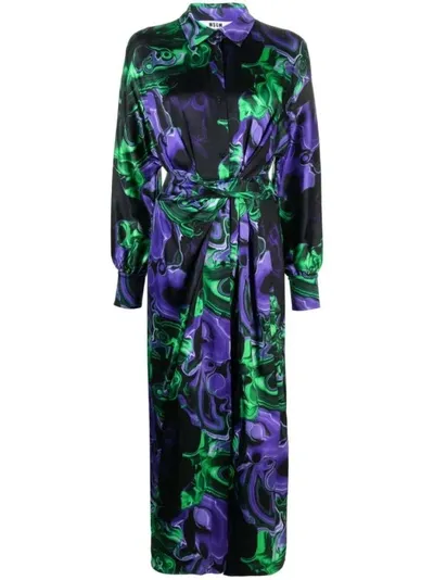 Msgm Abstract-print Tied-waist Shirt Dress In Black