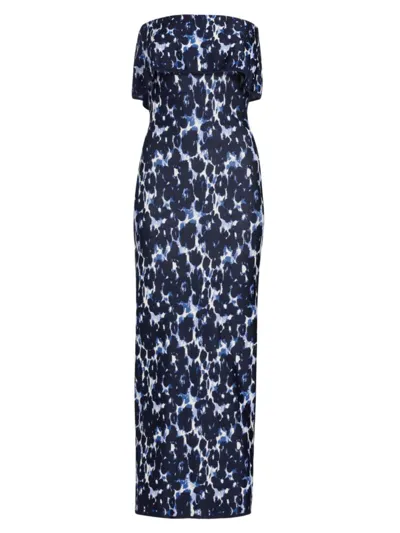 Lela Rose Alexandra Floral Jacquard Foldover Strapless Midi Dress In Navy Multi