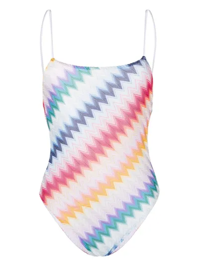 Missoni Mare Open-back Striped Metallic Crochet-knit Swimsuit In Multicolor White Base