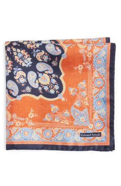 Edward Armah Persian Print Silk Pocket Square In Rust