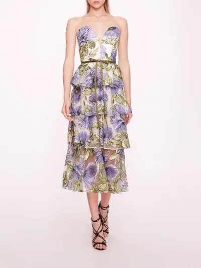 Marchesa Embroidered Plunging Midi Dress In Blue White