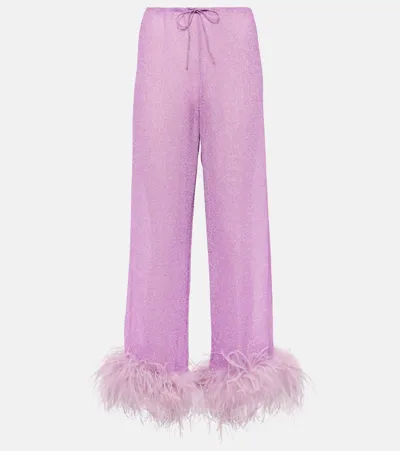 Oseree 'lumière Plumage' Violet Pants With Feathers And Drawstring In Polyamide Blend Woman In Pink