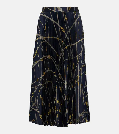 Versace Rope-print Pleated Twill Midi Skirt In Blue Gold