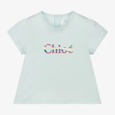 Chloé Babies' Logo-print Organic Cotton T-shirt In Blue