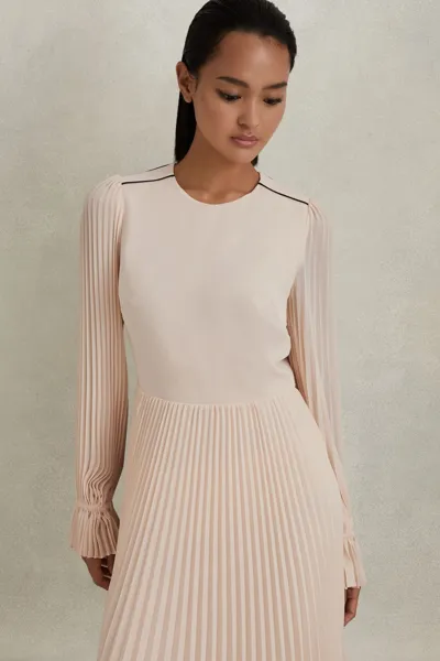 Reiss Nude/black Priya Pleated Belted Midi Dress