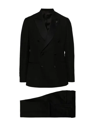 Lardini Double-breasted Wool-blend Suit In Black