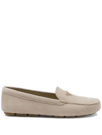 Prada Triangle-logo Suede Driving Loafers In Beige