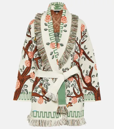 Alanui Tree Of Life Fringe Belted Cashmere Cardigan In Multicolor