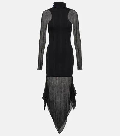 Mugler Asymmetric Ribbed-knit Midi Dress In 黑色