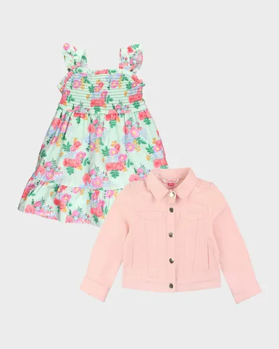 Rufflebutts Kids' Girl's Floral-print Dress And Denim Jacket Set In Pink