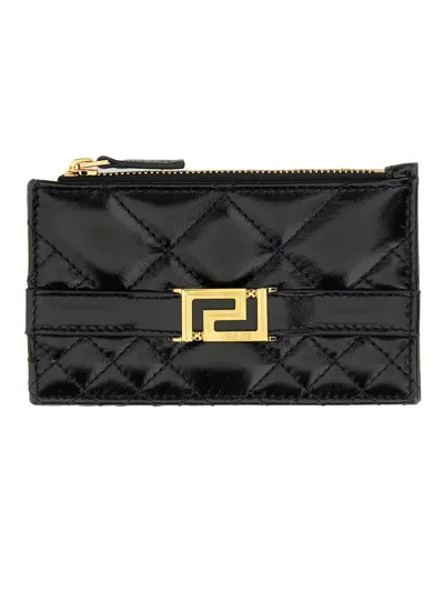 Versace Zippered Card Case "greca Goddess" In Black