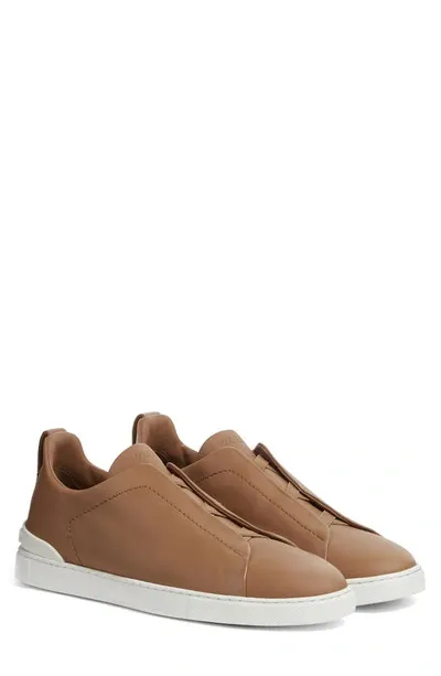 Zegna Men's Triple Stitch Secondskin Leather Slip-on Sneakers In Beige