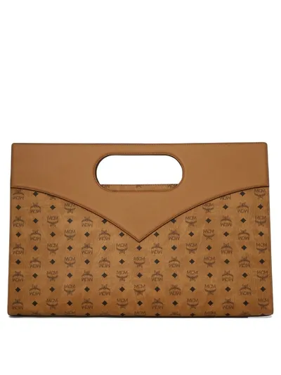 Mcm Diamond Logo Printed Shopper Bag In Cognac