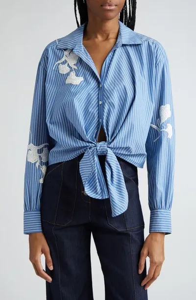 Cinq À Sept Lya Stripe Marianna Front-tie Top In Oxfrd Blue/chamomile