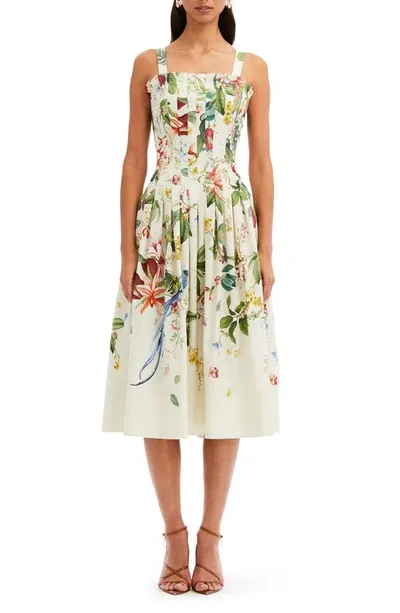 Oscar De La Renta Pleated Floral Midi Dress In Ecru Multi