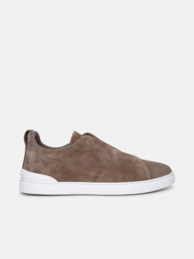 Zegna 'triple Stitch' Brown Leather Sneakers In Beige