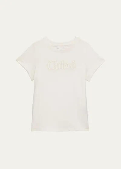 Chloé Kids' Girl's Embroidered Logo Short-sleeve Jersey T-shirt In Off White