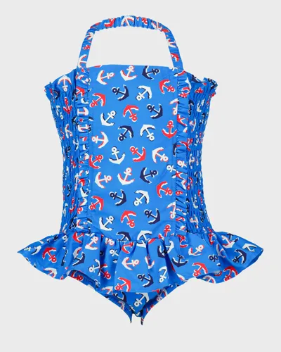 Rachel Riley Kids' Girl's Anchor Ruched Swimsuit In Blue